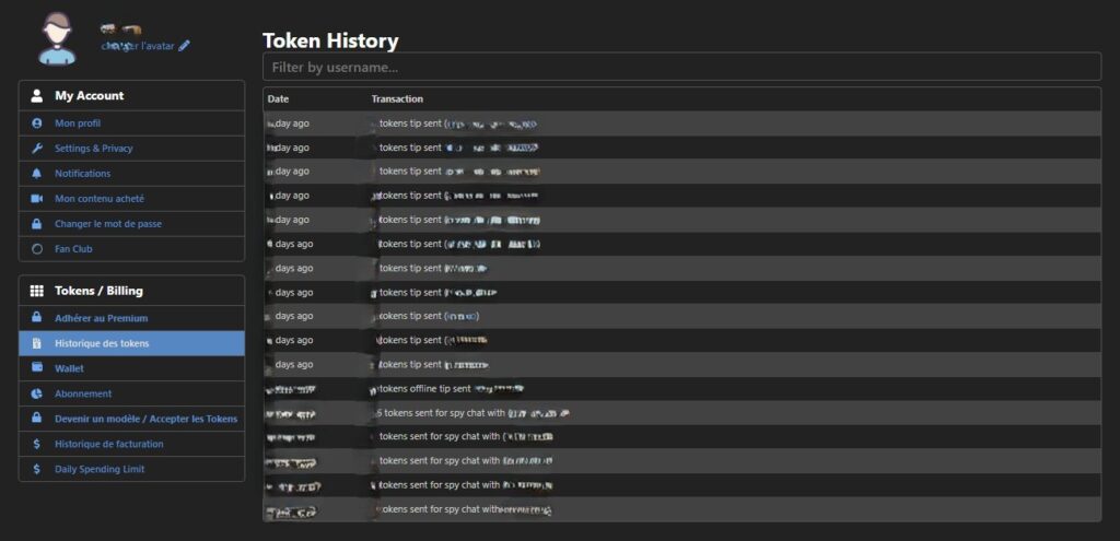 historique des tokens dépensés