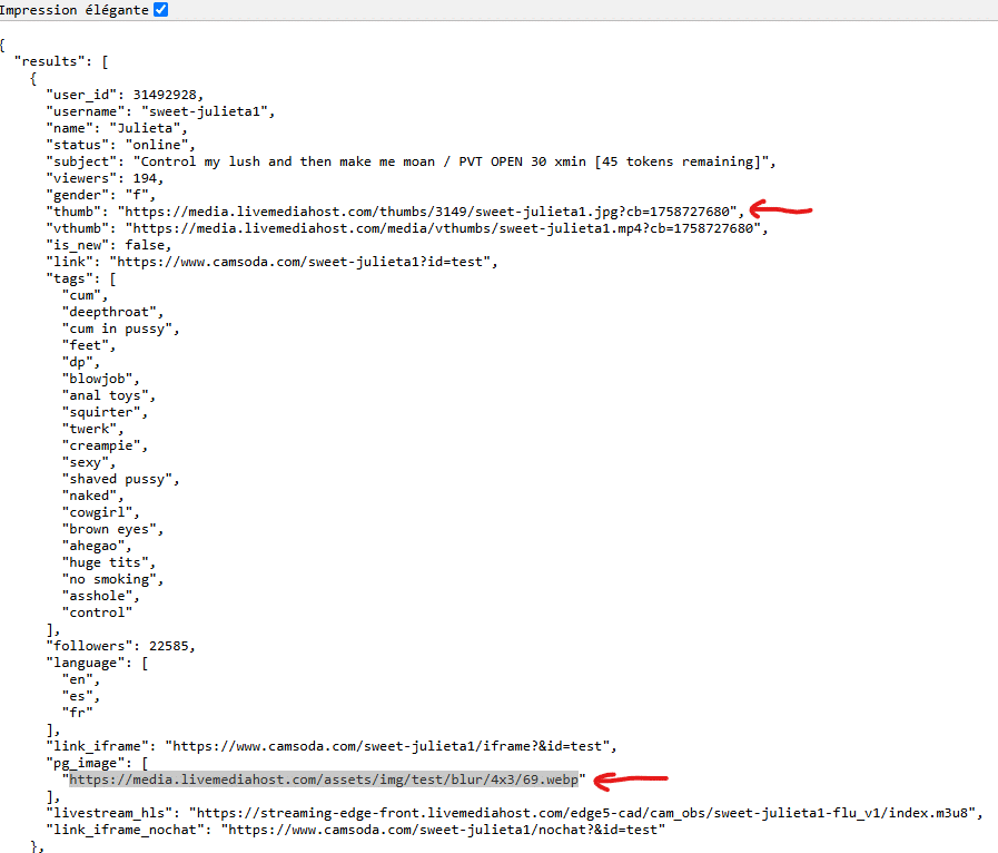 JSON CamSoda:analyse des tags thumb et pg_image pour détecter le visage d'une camgirl